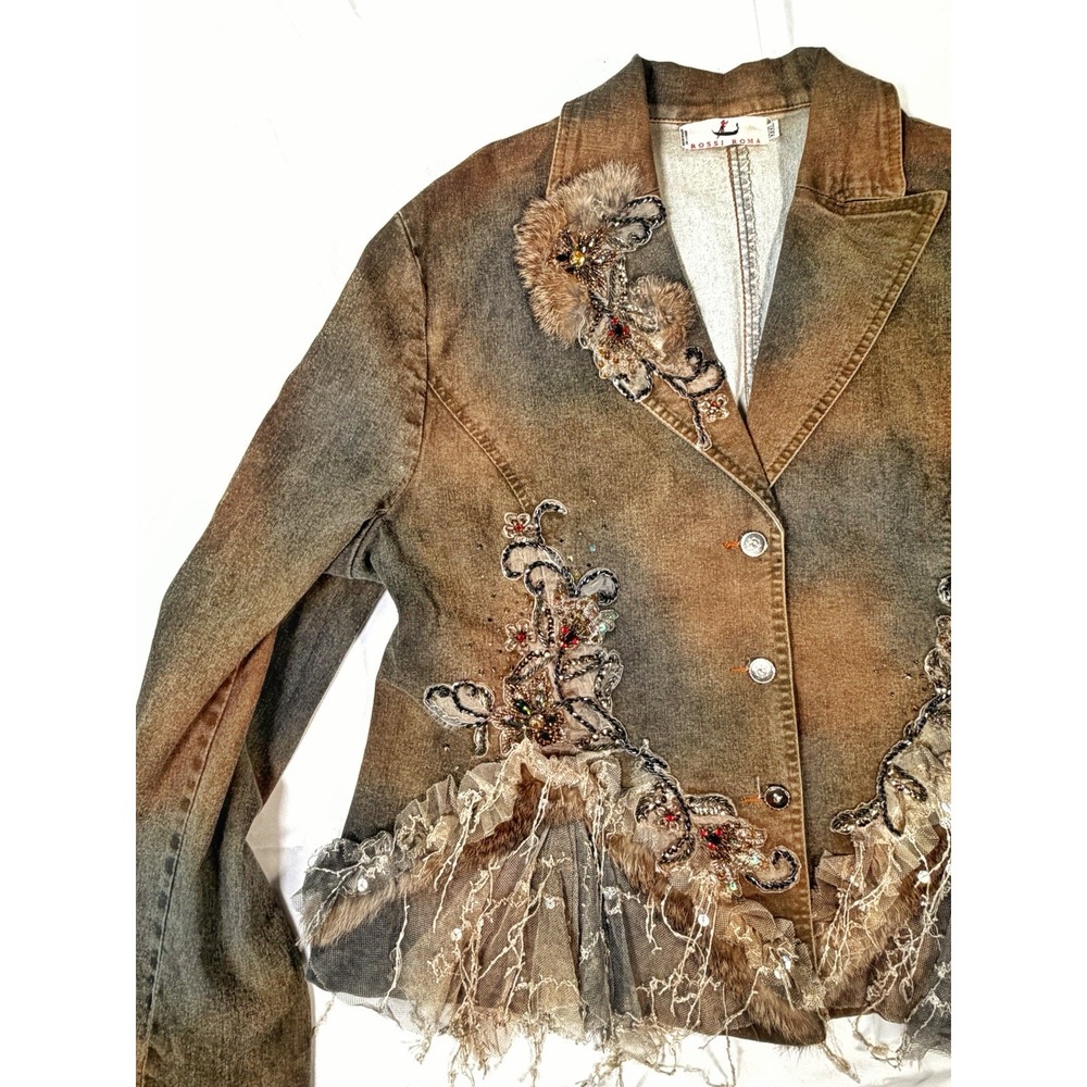 Vintage Rossi Roma Embellished Denim Blazer Jacket Beaded Mesh Boho RARE Y2K